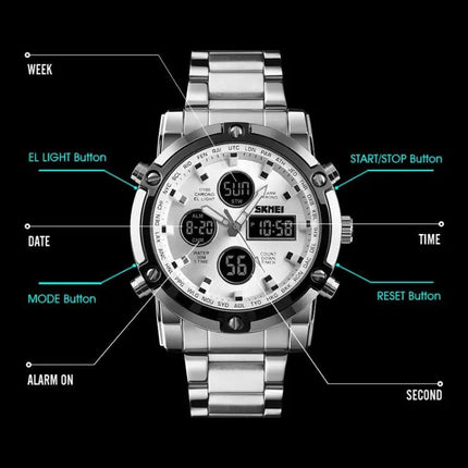 SKMEI Men's Stainless Steel Digital Watch with Waterproof Design
