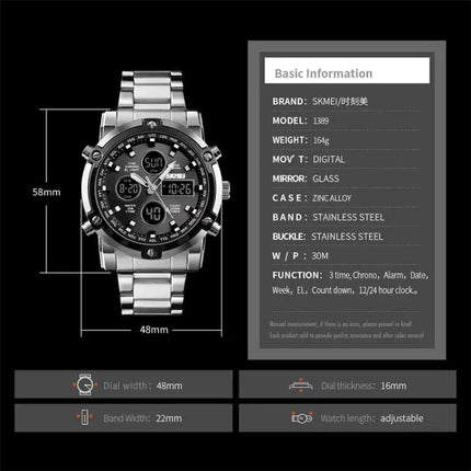 SKMEI Men's Stainless Steel Digital Watch with Waterproof Design