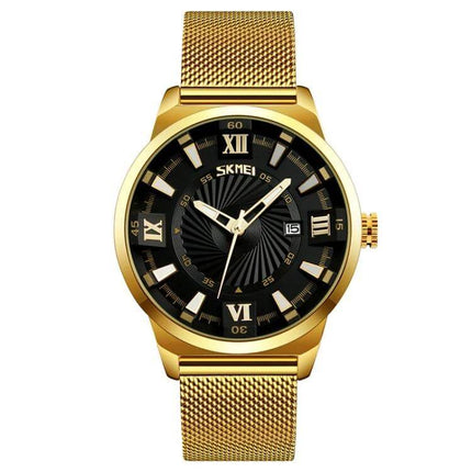 SKMEI Everyday Men's Waterproof Fashion Business Watch gold mesh band black dial, water-resistant 30m, elegant business men's wristwatch