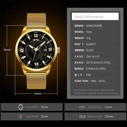SKMEI Everyday Men's Waterproof Fashion Business Watch gold mesh band black dial, 41mm dial, 30M water resistance, stainless steel case