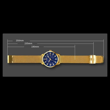 SKMEI Everyday Men's Waterproof Fashion Business Watch gold mesh strap with blue dial and size markings (190mm–250mm)