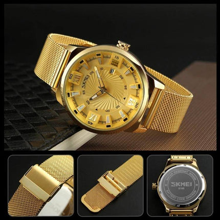 SKMEI Everyday Men's Waterproof Fashion Business Watch gold mesh band wristwatch, 30M water-resistant elegant business design