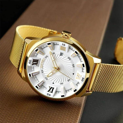 SKMEI Everyday Men's Waterproof Fashion Business Watch gold mesh band close-up, white dial with Roman numerals, water-resistant design