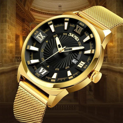 SKMEI Everyday Men's Waterproof Fashion Business Watch gold mesh band black dial, water resistant to 30m, elegant office-to-casual timepiece