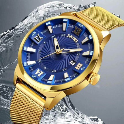 SKMEI Everyday Men's Waterproof Fashion Business Watch gold blue dial with mesh strap, water splash, 30m water resistance