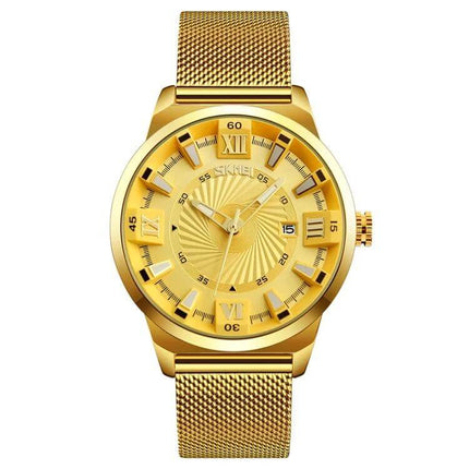 SKMEI Everyday Men's Waterproof Fashion Business Watch gold mesh strap, waterproof to 30m, business casual men's timepiece