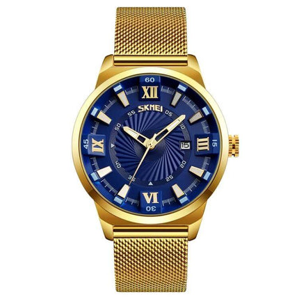 SKMEI Everyday Men's Waterproof Fashion Business Watch gold mesh band blue dial showing time and date, water-resistant to 30m, business casual style