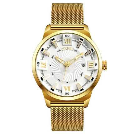 SKMEI Everyday Men's Waterproof Fashion Business Watch gold mesh strap white dial water-resistant to 30m for office and casual wear