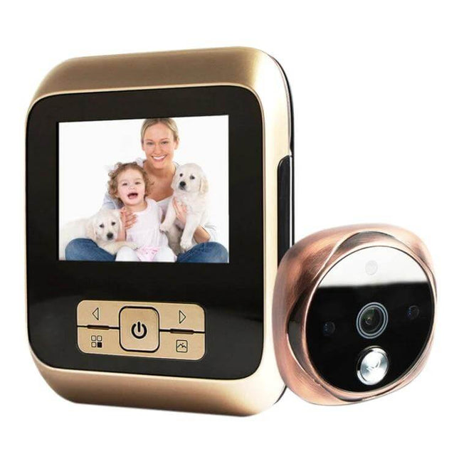 Digital Door Viewer with Infrared Night Vision for Home Security showing monitor with live family image and exterior camera