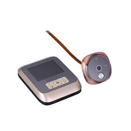 Digital Door Viewer with Infrared Night Vision for Home Security showing screen unit and round camera with cable and one-piece battery compartment