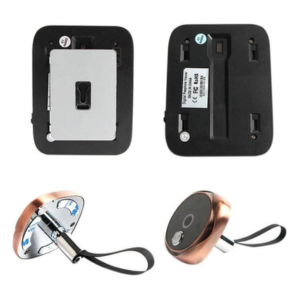 Digital Door Viewer with Infrared Night Vision for Home Security showing exterior camera, interior display back, and one-piece battery compartment
