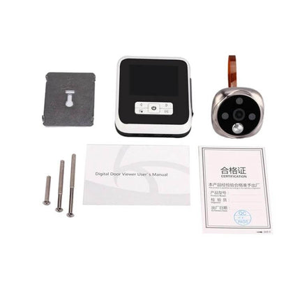 Digital Door Viewer with Infrared Night Vision for Home Security showing monitor, peephole camera, screws and manual