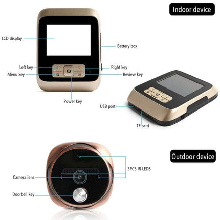 Digital Door Viewer with Infrared Night Vision for Home Security showing indoor LCD unit, buttons, USB/TF slots and outdoor camera lens with IR LEDs