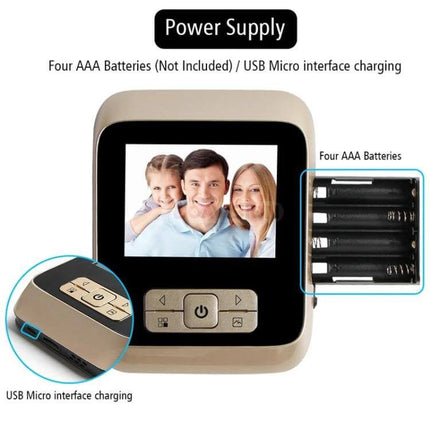 Digital Door Viewer with Infrared Night Vision for Home Security showing LCD screen, control buttons, USB charging port and four AAA battery compartment