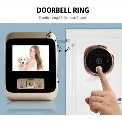 Digital Door Viewer with Infrared Night Vision for Home Security showing indoor monitor display and outdoor peephole camera with finger pressing doorbell