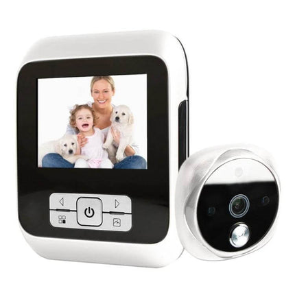 Digital Door Viewer with Infrared Night Vision for Home Security showing monitor screen with family photo and compact camera unit