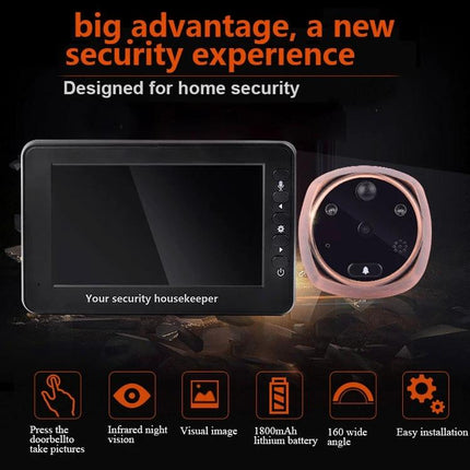 Smart Video Doorbell with 4.3-Inch HD Display for Home Security showing HD monitor and round camera peephole with night vision and battery icons