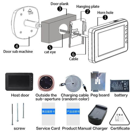 Smart Video Doorbell with 4.3-Inch HD Display for Home Security showing components, host screen, peephole camera, cables, battery and mounting parts