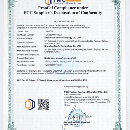 Digital Security Camera Peephole Door Viewer with 3.5-Inch Screen showing FCC proof of compliance certificate