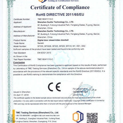 Digital Security Camera Peephole Door Viewer with 3.5-Inch Screen certification document showing RoHS compliance and CE mark