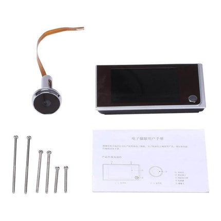 Digital Security Camera Peephole Door Viewer with 3.5-Inch Screen showing camera lens, 3.5-inch display, mounting screws and manual