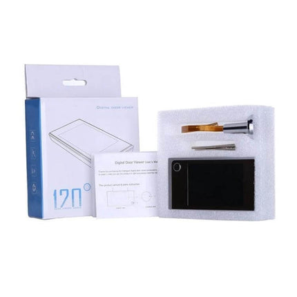 Digital Security Camera Peephole Door Viewer with 3.5-Inch Screen packaged kit with monitor, peephole camera, tools and manual