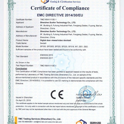 Digital Security Camera Peephole Door Viewer with 3.5-Inch Screen mounted beside a CE compliance certificate for product certification