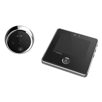 Digital Peephole Door Viewer with 3.0 Inch Screen and Night Vision - black device showing circular camera unit and square 3.0" TFT monitor for door security