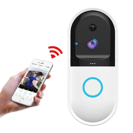 Smart WiFi Video Doorbell with Remote Monitoring and Night Vision showing doorbell and mobile live view for package and visitor monitoring