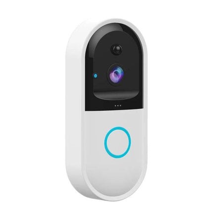 Smart WiFi Video Doorbell with Remote Monitoring and Night Vision showing white doorbell camera with night-vision lens and illuminated button