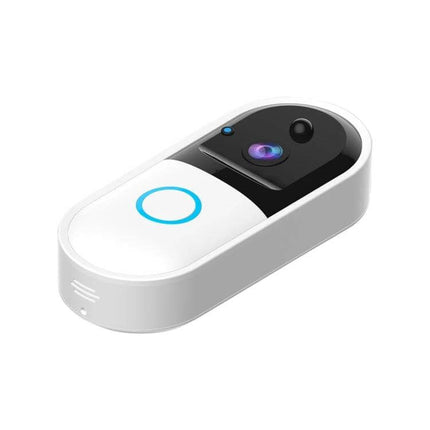 Smart WiFi Video Doorbell with Remote Monitoring and Night Vision showing white doorbell unit with camera lens and illuminated button