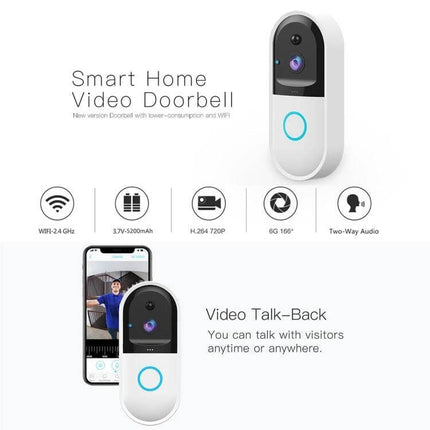 Smart WiFi Video Doorbell with Remote Monitoring and Night Vision showing white doorbell, mobile app live view, night vision and two-way audio