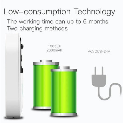 Smart WiFi Video Doorbell with Remote Monitoring and Night Vision showing low-consumption tech, 18650 2600mAh batteries and AC/DC charging options