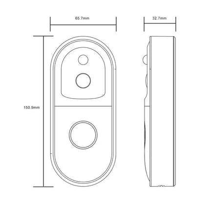 Smart WiFi Video Doorbell with Remote Monitoring and Night Vision technical diagram front and side dimensions 150.5mm x 65.7mm x 32.7mm