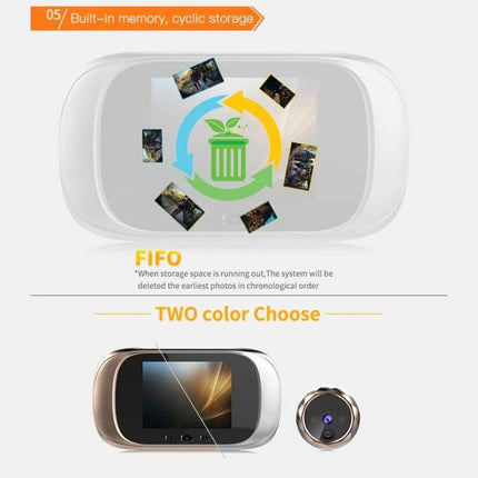Smart Doorbell Camera for Home Security with Night Vision showing built-in 2.8-inch color screen, FIFO memory icon and two color options