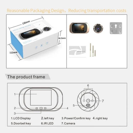 Smart Doorbell Camera for Home Security with Night Vision showing packaging, 2.8-inch LCD screen, components and product frame diagram