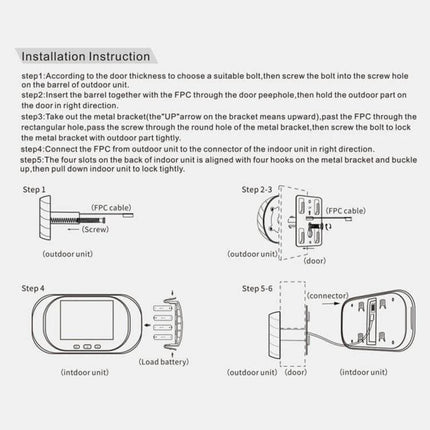 Smart Doorbell Camera for Home Security with Night Vision installation diagram showing outdoor unit, FPC cable, and indoor 2.8-inch color screen setup