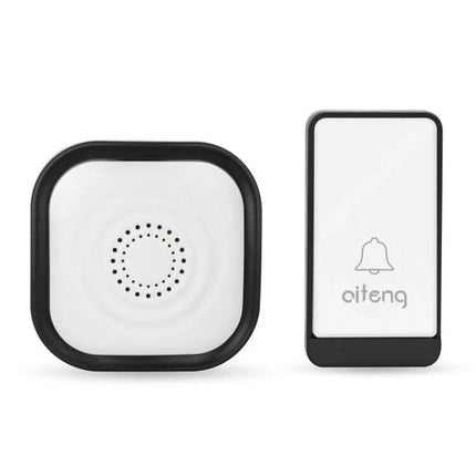 AITENG Wireless Batteryless Doorbell with EU Plug for Home Entries showing white receiver and batteryless push button set