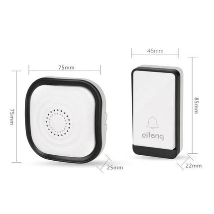 AITENG Wireless Batteryless Doorbell with EU Plug for Home Entries - compact white doorbell chime and wireless button with dimensions shown, 150m range