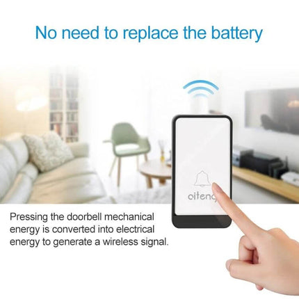 AITENG Wireless Batteryless Doorbell with EU Plug for Home Entries showing finger pressing self-powered doorbell in living room, no battery needed