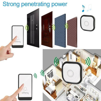 AITENG Wireless Batteryless Doorbell with EU Plug for Home Entries showing strong signal through doors and rooms, self-powered long-range notification