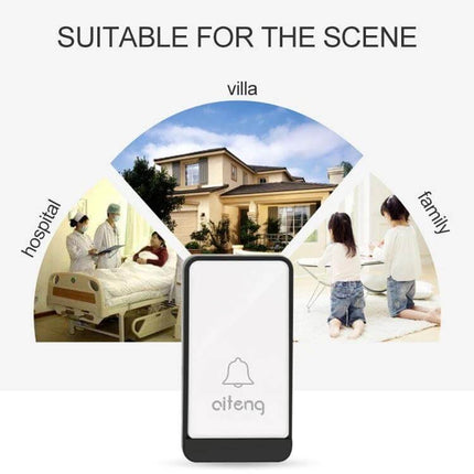 AITENG Wireless Batteryless Doorbell with EU Plug for Home Entries shown in front of villa, hospital and family scenes