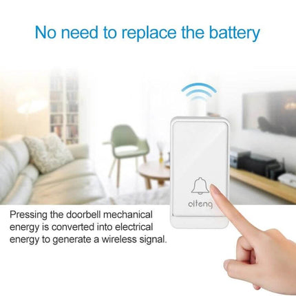 AITENG Wireless Batteryless Doorbell for Home Notifications showing self-powered doorbell pressed in living room, no batteries needed