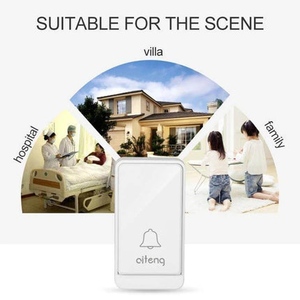 AITENG Wireless Batteryless Doorbell for Home Notifications showing white doorbell unit with villa, hospital, and family scenes