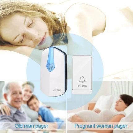 AITENG Wireless Batteryless Doorbell for Home Notifications showing self-powered doorbell and push button used for quiet home alerts for sleeping, elderly, pregnant