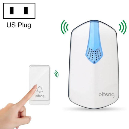 AITENG Wireless Batteryless Doorbell for Home Notifications white wireless chime and push button showing US plug and hand pressing transmitter