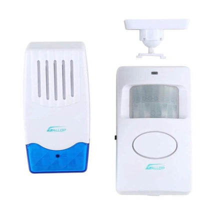 Gallop Wireless Electro Guard Watch for Home Security white wireless motion sensor and chime kit mounted and tabletop view