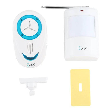 OULIA Wireless Door Chime with Sensor for Home Security Monitoring white receiver and motion sensor kit on white background