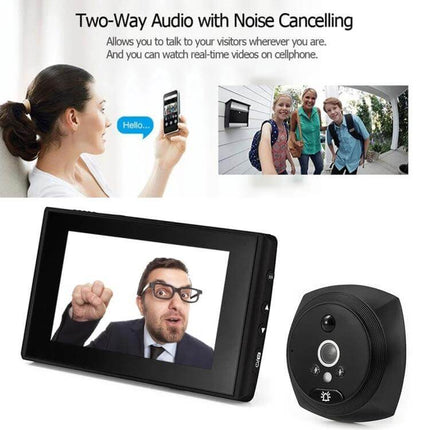 Secure Video Doorbell with Built-in Screen for Home Entry showing screen display, camera unit and visitor image for two-way audio monitoring