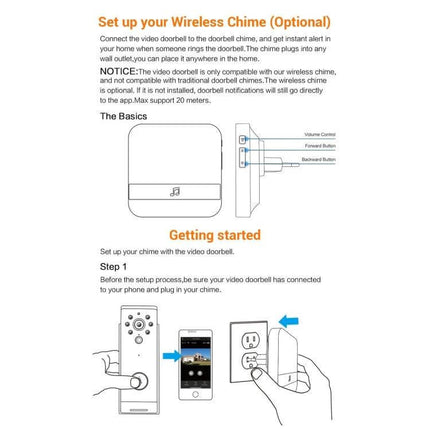 Home Doorbell Receiver with Multiple Chime Options for Everyday Use setup diagram showing wireless chime, app pairing, and outlet plug instructions